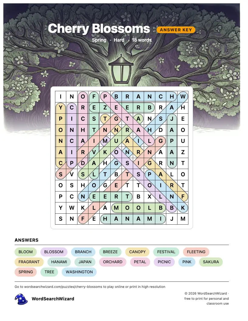 Cherry Blossoms word search answer key, all 18 words marked