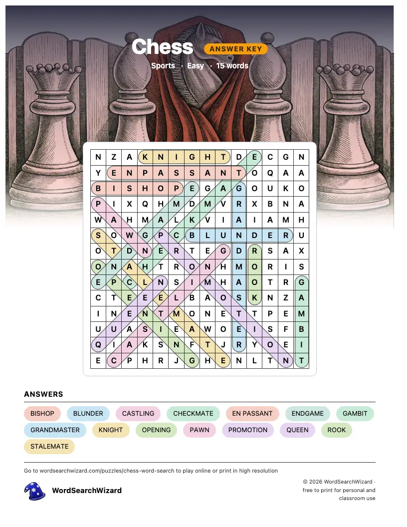Chess word search answer key, all 15 words marked