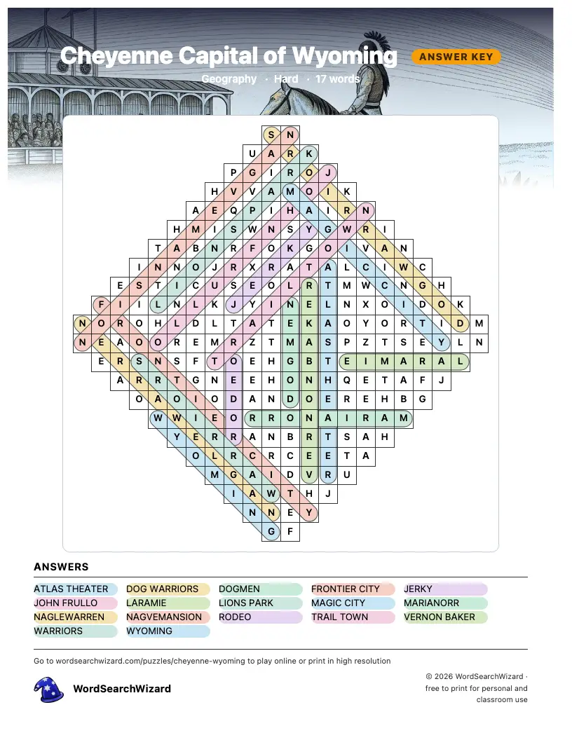 Cheyenne Capital of Wyoming word search answer key, all 17 words marked