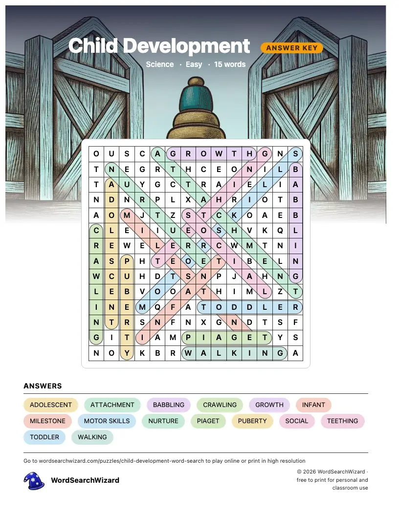 Child Development word search answer key, all 15 words marked