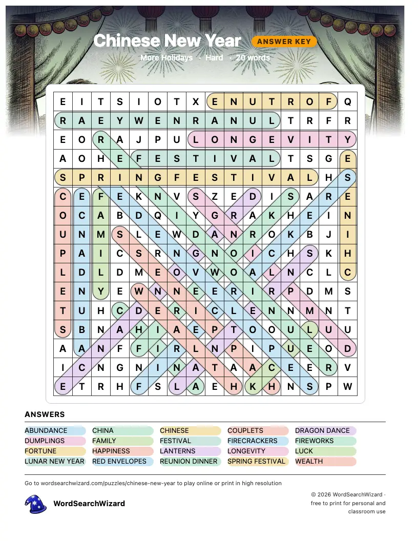 Chinese New Year word search answer key, all 20 words marked