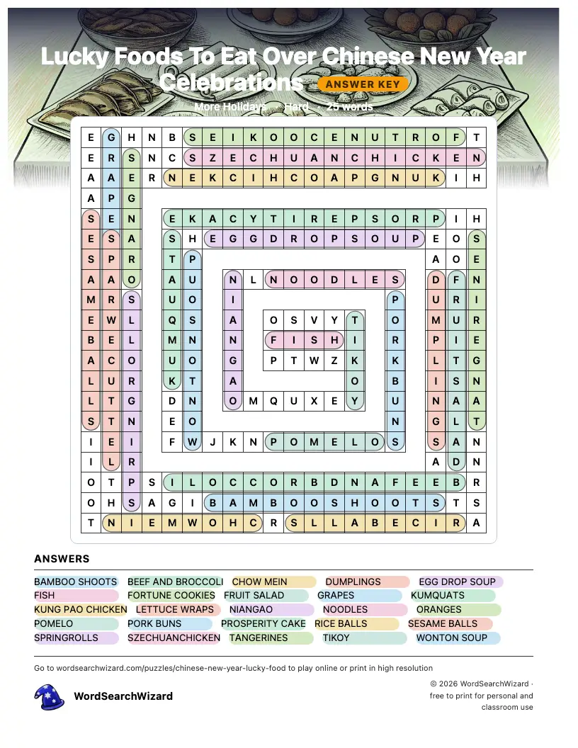 Lucky Foods To Eat Over Chinese New Year Celebrations word search answer key, all 25 words marked