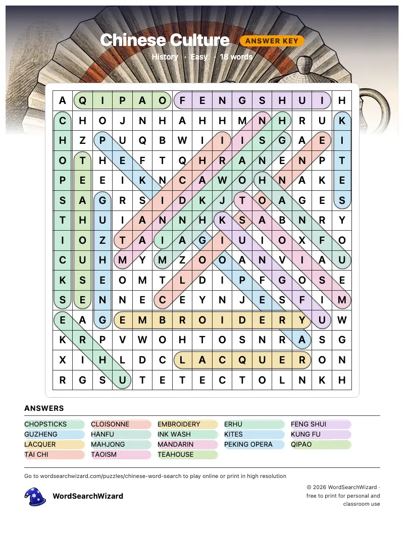 Chinese Culture word search answer key, all 18 words marked