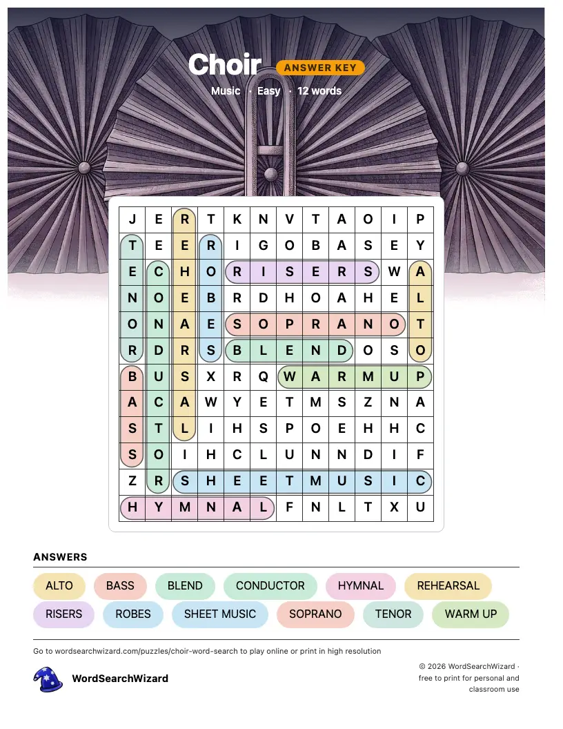 Choir word search answer key, all 12 words marked