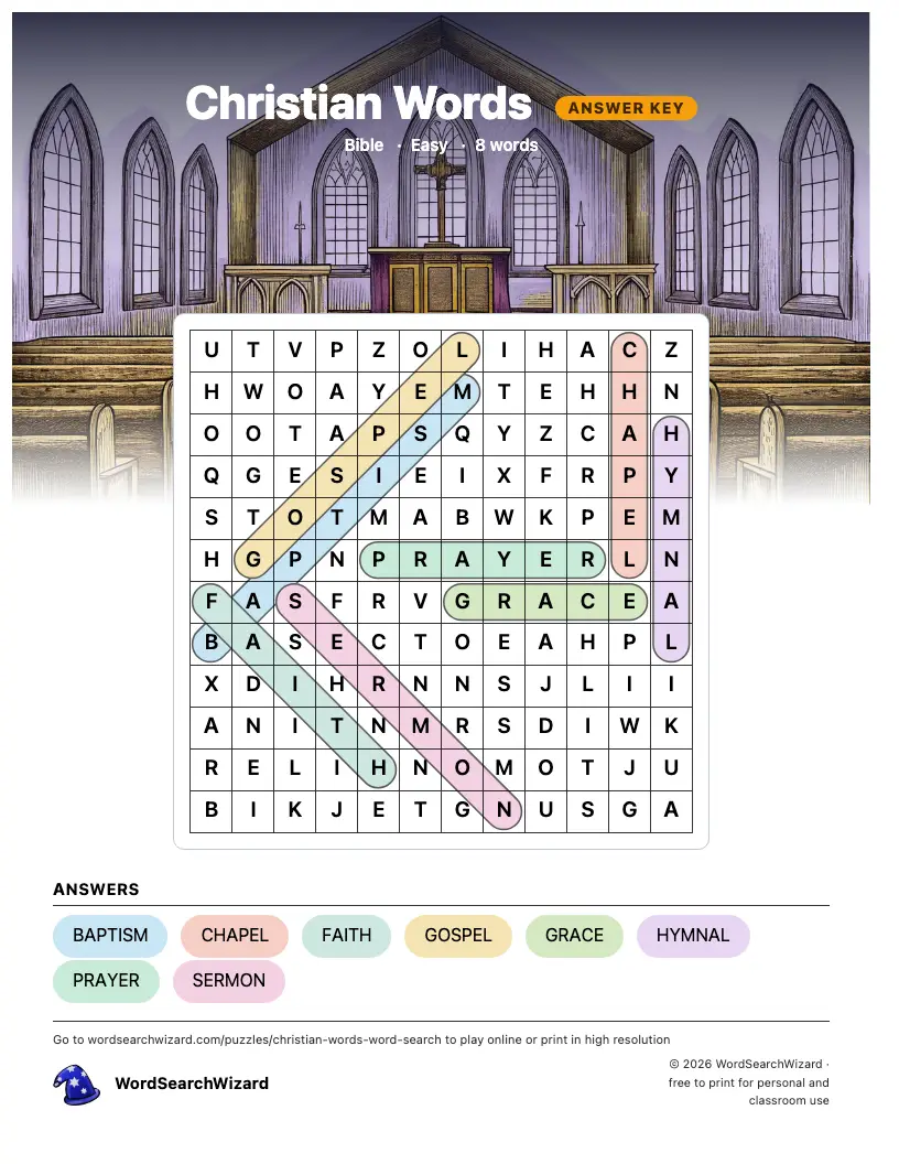 Christian Words word search answer key, all 8 words marked