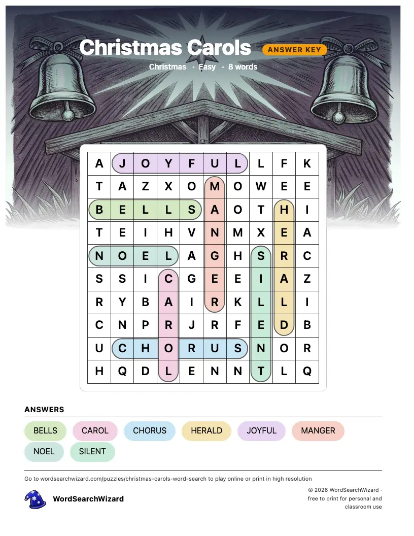 Christmas Carols word search answer key, all 8 words marked
