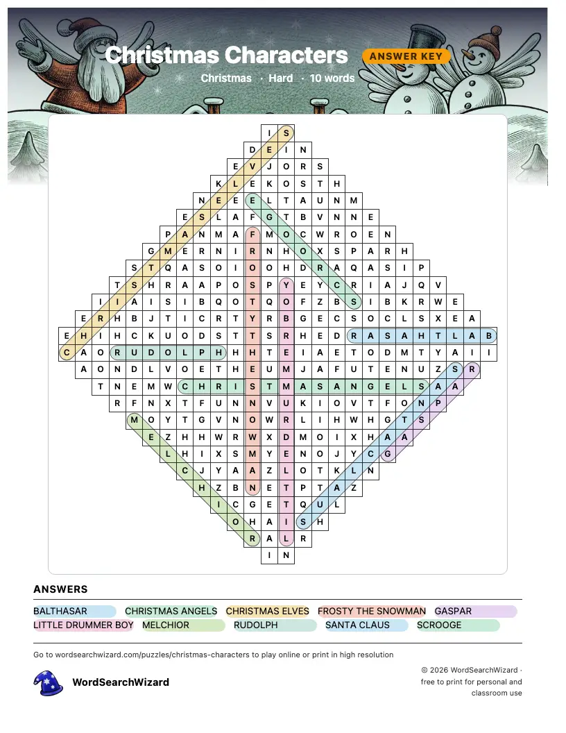 Christmas Characters word search answer key, all 10 words marked