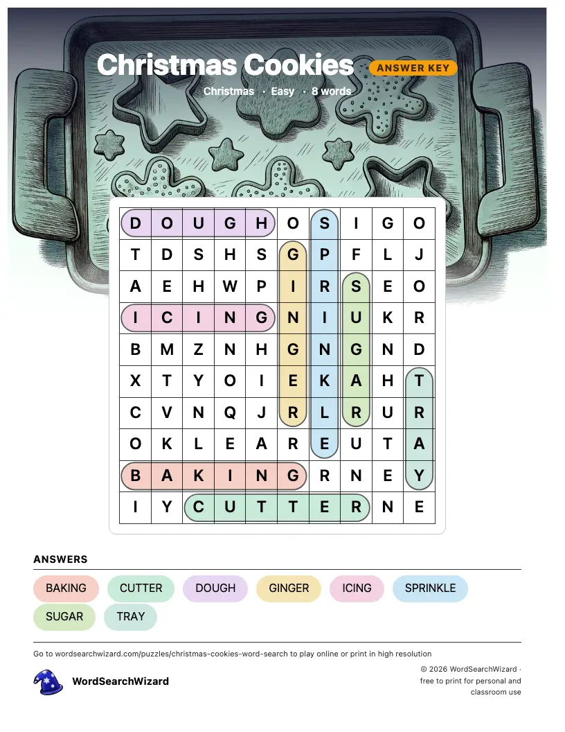 Christmas Cookies word search answer key, all 8 words marked