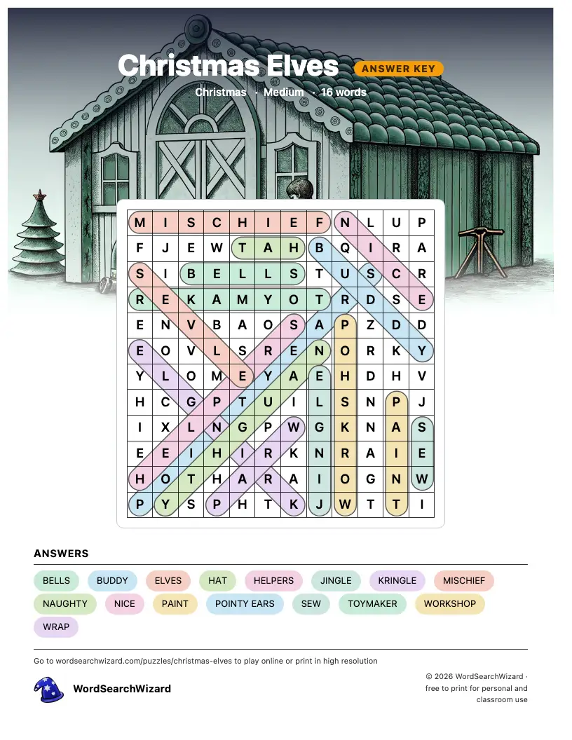 Christmas Elves word search answer key, all 16 words marked