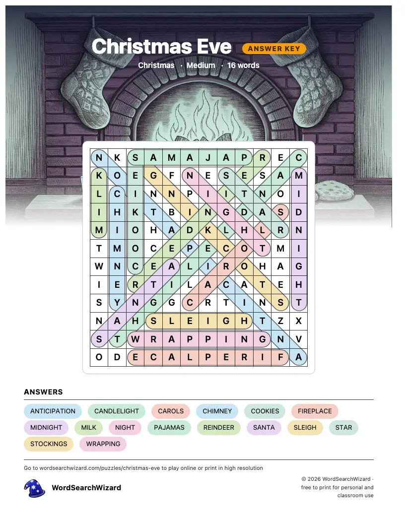 Christmas Eve word search answer key, all 16 words marked