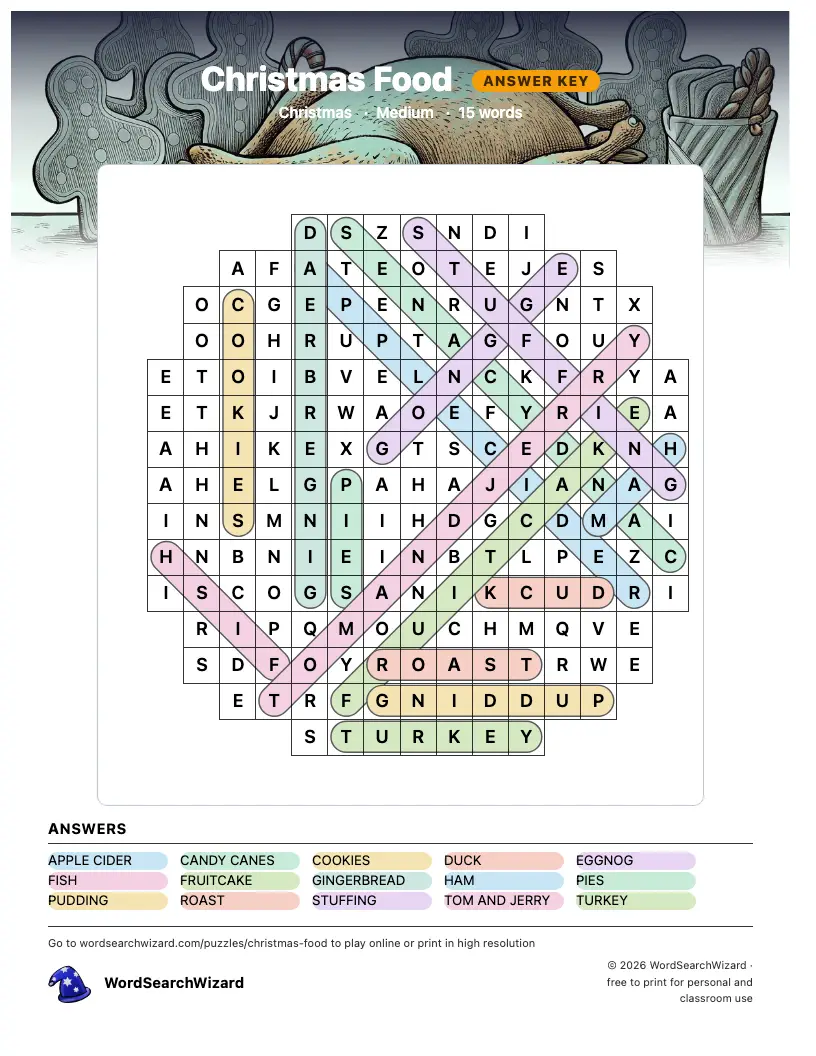 Christmas Food word search answer key, all 15 words marked