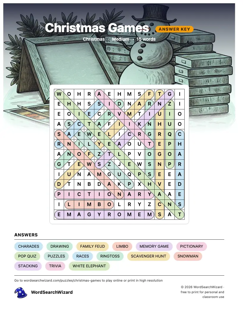 Christmas Games word search answer key, all 15 words marked