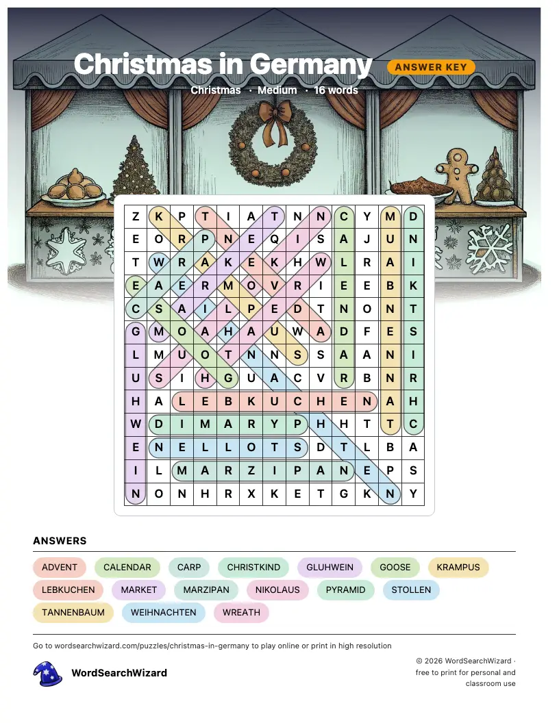 Christmas in Germany word search answer key, all 16 words marked