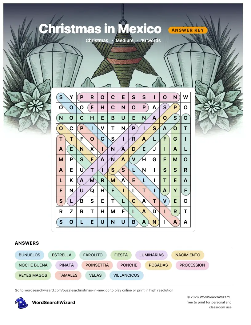 Christmas in Mexico word search answer key, all 16 words marked