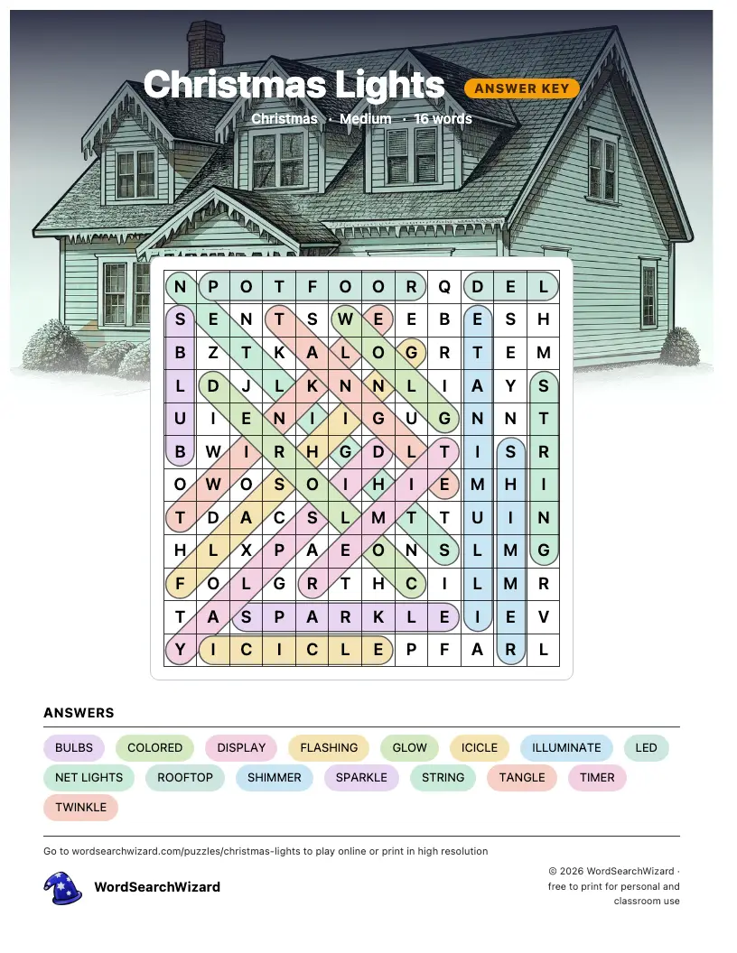 Christmas Lights word search answer key, all 16 words marked