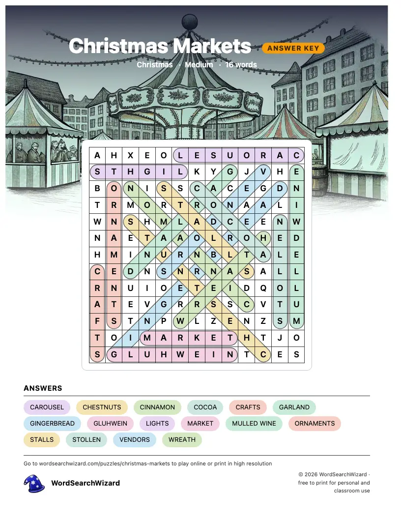 Christmas Markets word search answer key, all 16 words marked