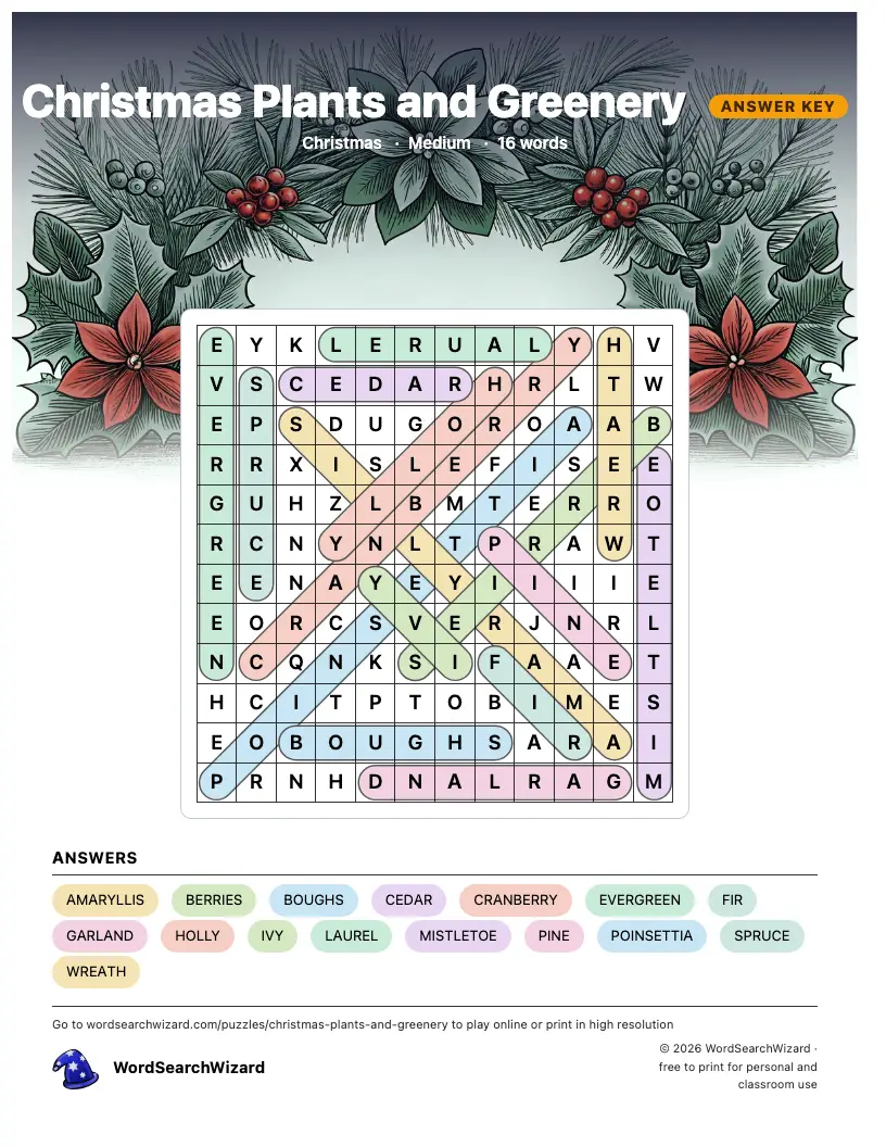 Christmas Plants and Greenery word search answer key, all 16 words marked