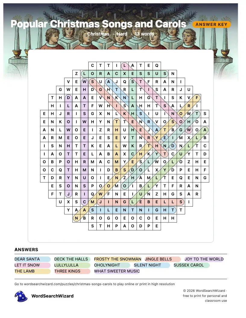 Popular Christmas Songs and Carols word search answer key, all 13 words marked
