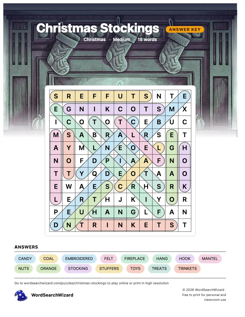 Christmas Stockings word search answer key, all 15 words marked