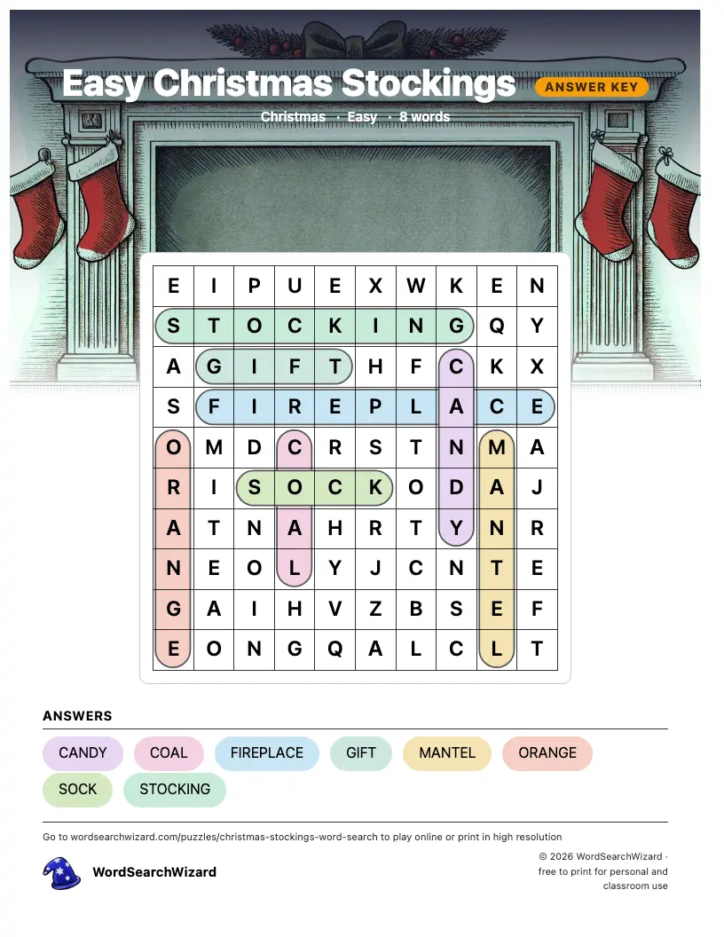 Easy Christmas Stockings word search answer key, all 8 words marked
