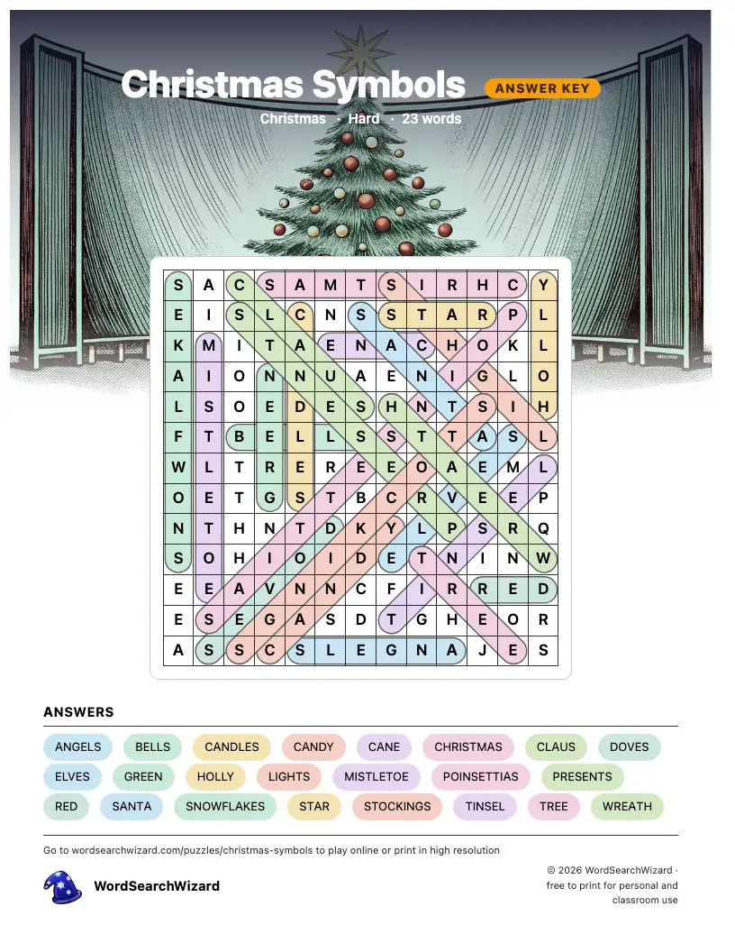 Christmas Symbols word search answer key, all 23 words marked