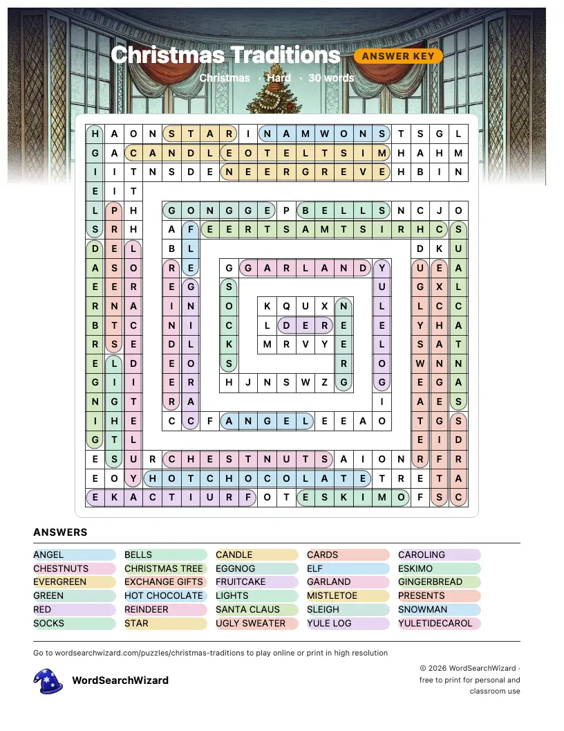 Christmas Traditions word search answer key, all 30 words marked