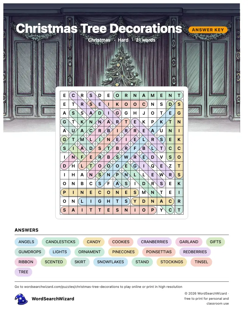 Christmas Tree Decorations word search answer key, all 21 words marked