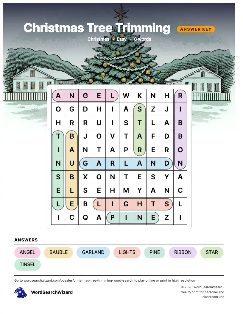 Christmas Tree Trimming word search answer key, all 8 words marked