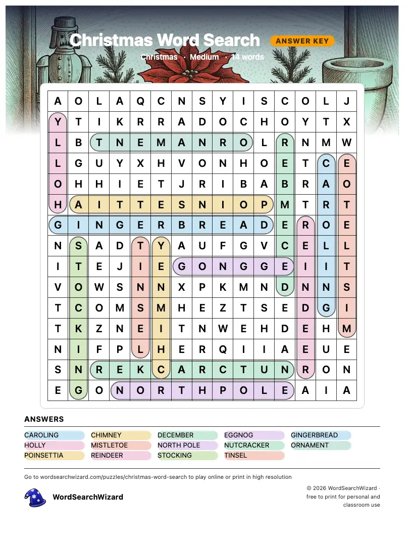 Christmas word search answer key, all 14 words marked