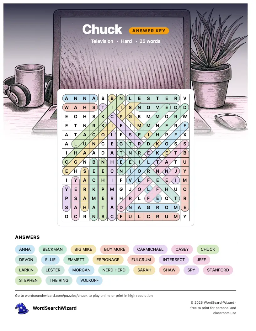Chuck word search answer key, all 25 words marked