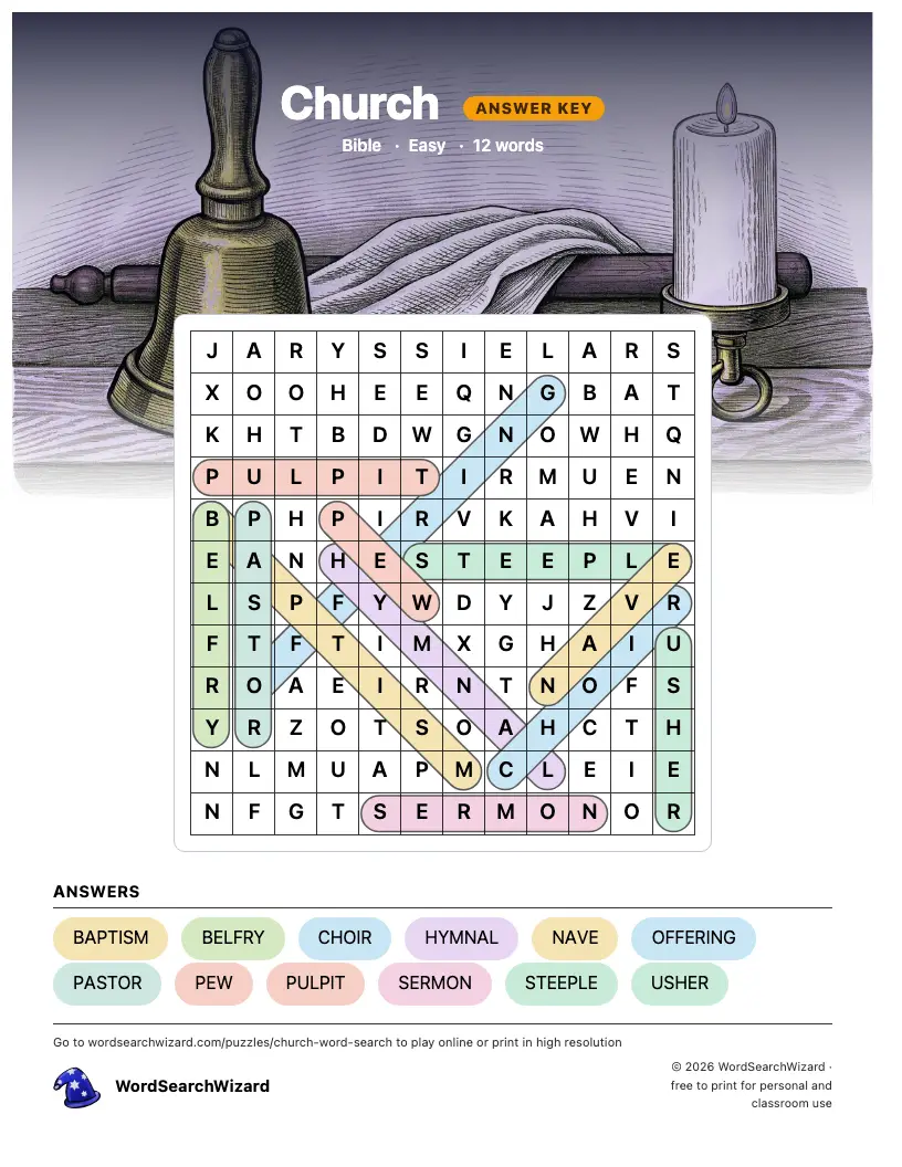 Church word search answer key, all 12 words marked