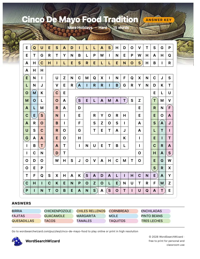 Cinco De Mayo Food Tradition word search answer key, all 15 words marked