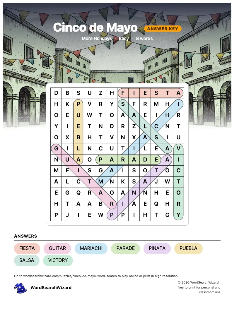 Cinco de Mayo word search answer key, all 8 words marked