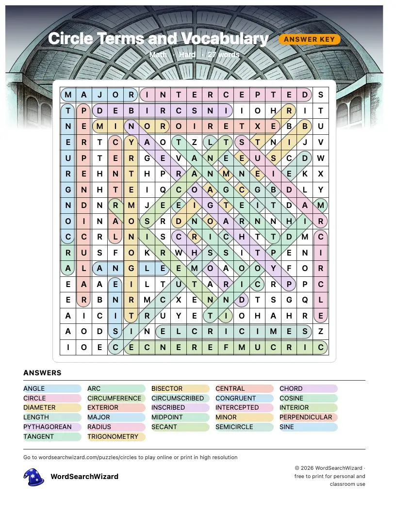 Circle Terms and Vocabulary word search answer key, all 27 words marked