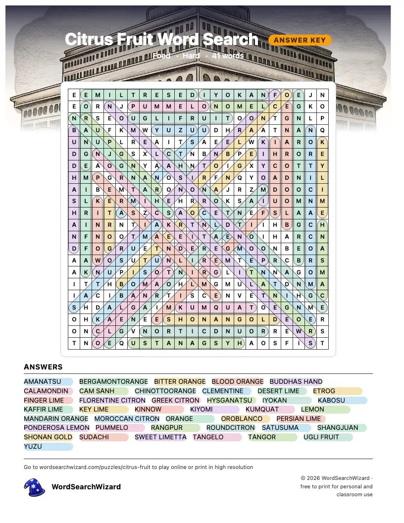 Citrus Fruit word search answer key, all 41 words marked