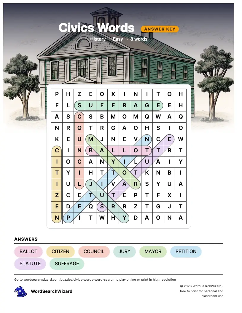 Civics Words word search answer key, all 8 words marked