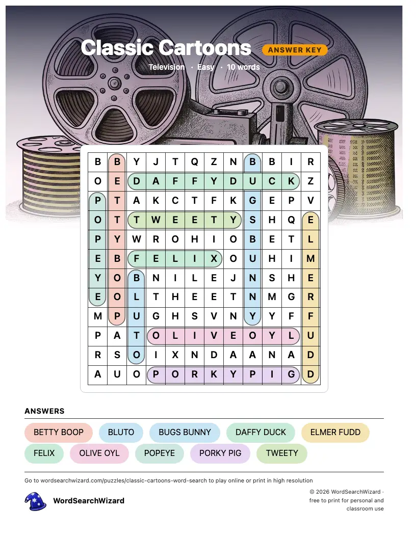 Classic Cartoons word search answer key, all 10 words marked