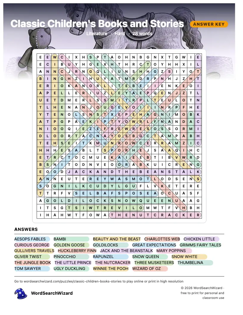 Classic Children's Books and Stories word search answer key, all 28 words marked