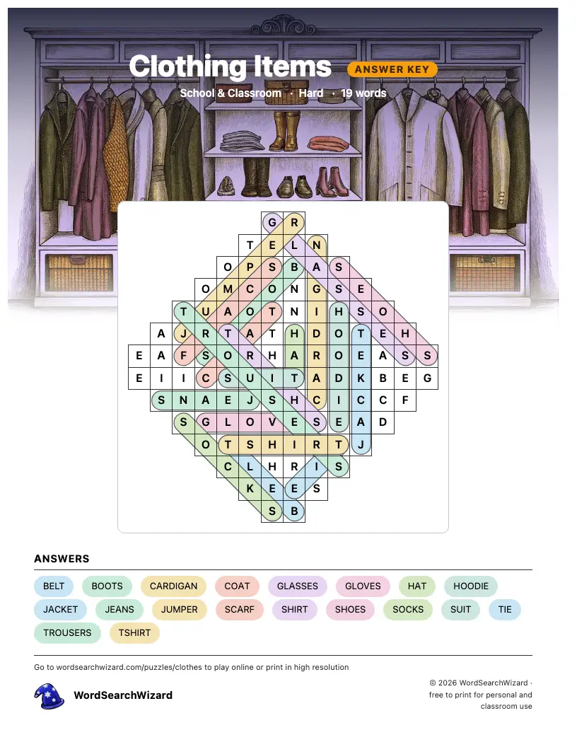 Clothing Items word search answer key, all 19 words marked