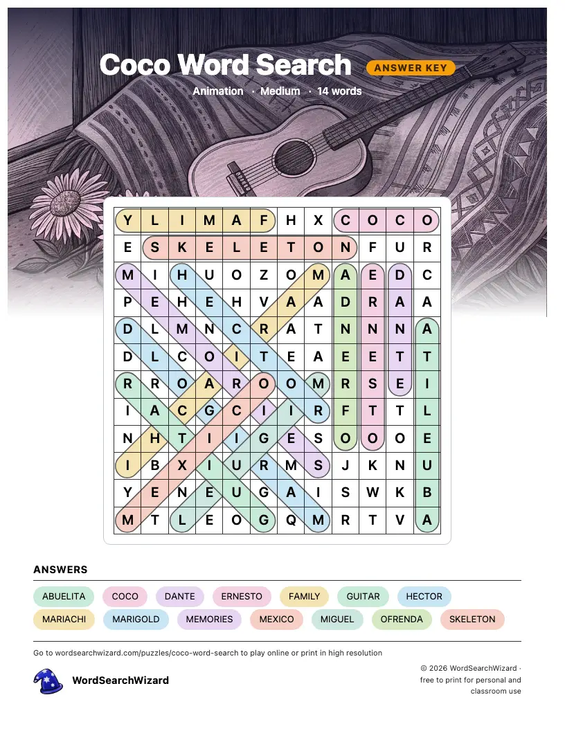 Coco word search answer key, all 14 words marked