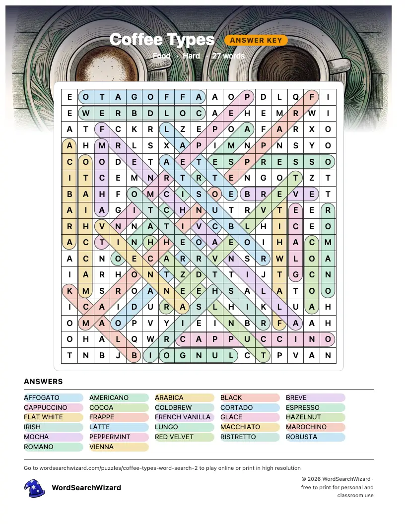 Coffee Types word search answer key, all 27 words marked