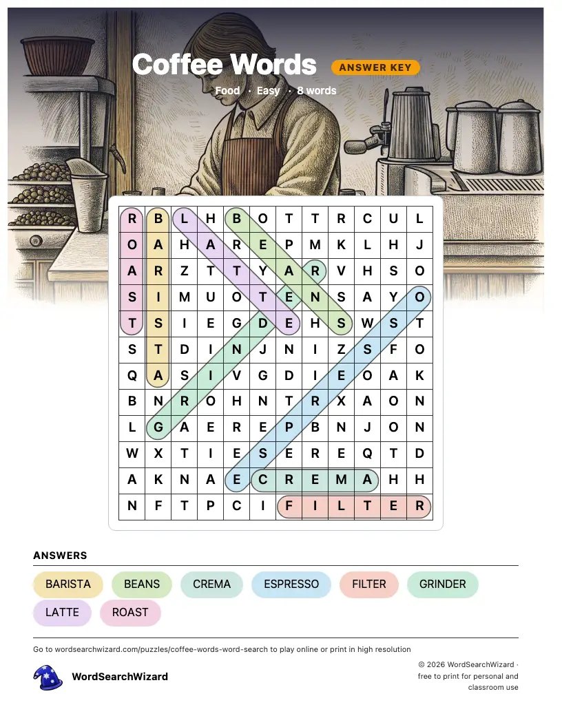 Coffee Words word search answer key, all 8 words marked