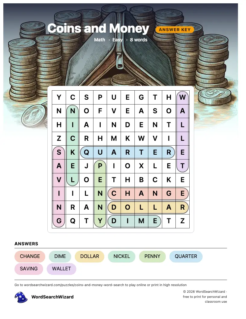 Coins and Money word search answer key, all 8 words marked