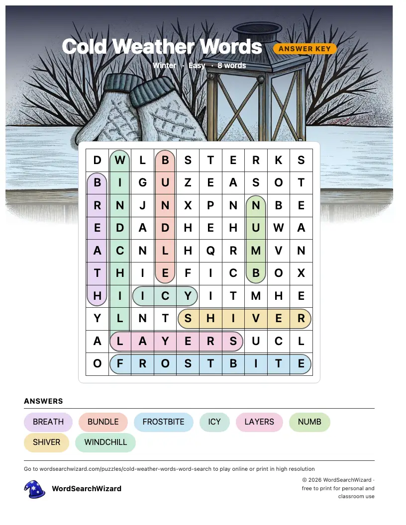 Cold Weather Words word search answer key, all 8 words marked