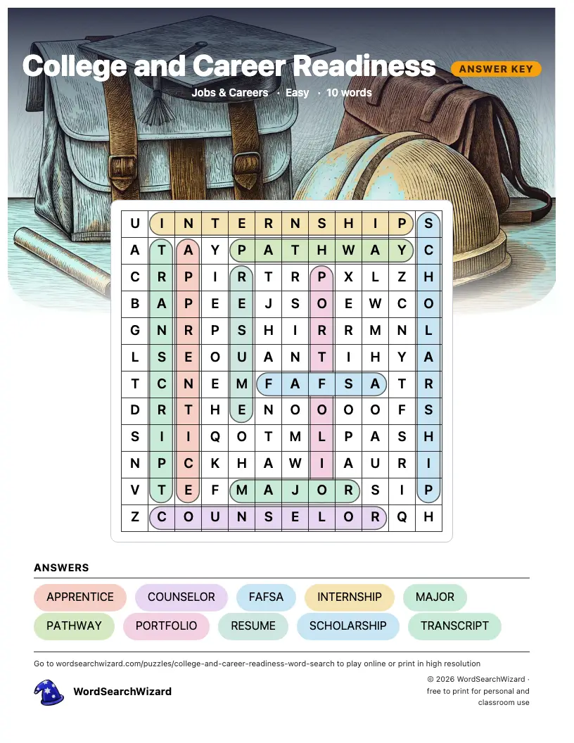 College and Career Readiness word search answer key, all 10 words marked