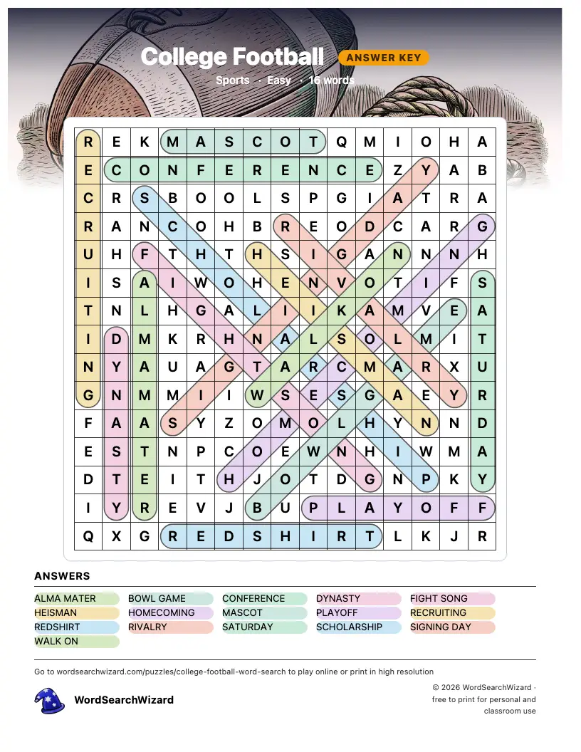College Football word search answer key, all 16 words marked