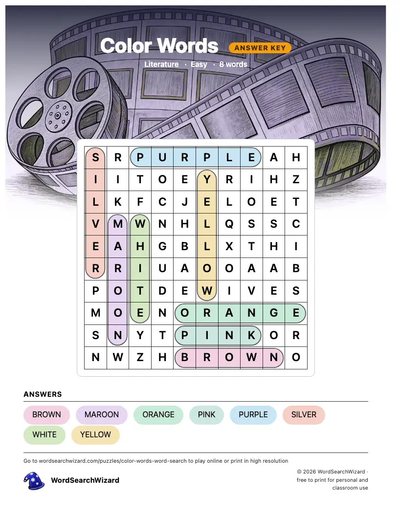 Color Words word search answer key, all 8 words marked