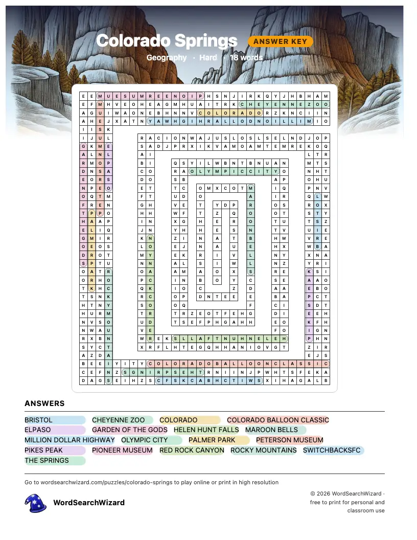 Colorado Springs word search answer key, all 18 words marked