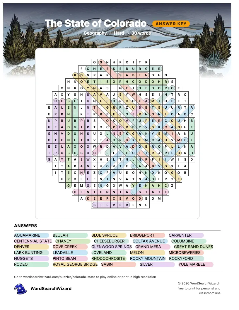 The State of Colorado word search answer key, all 30 words marked