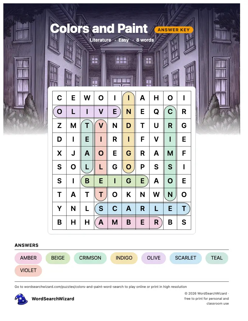 Colors and Paint word search answer key, all 8 words marked